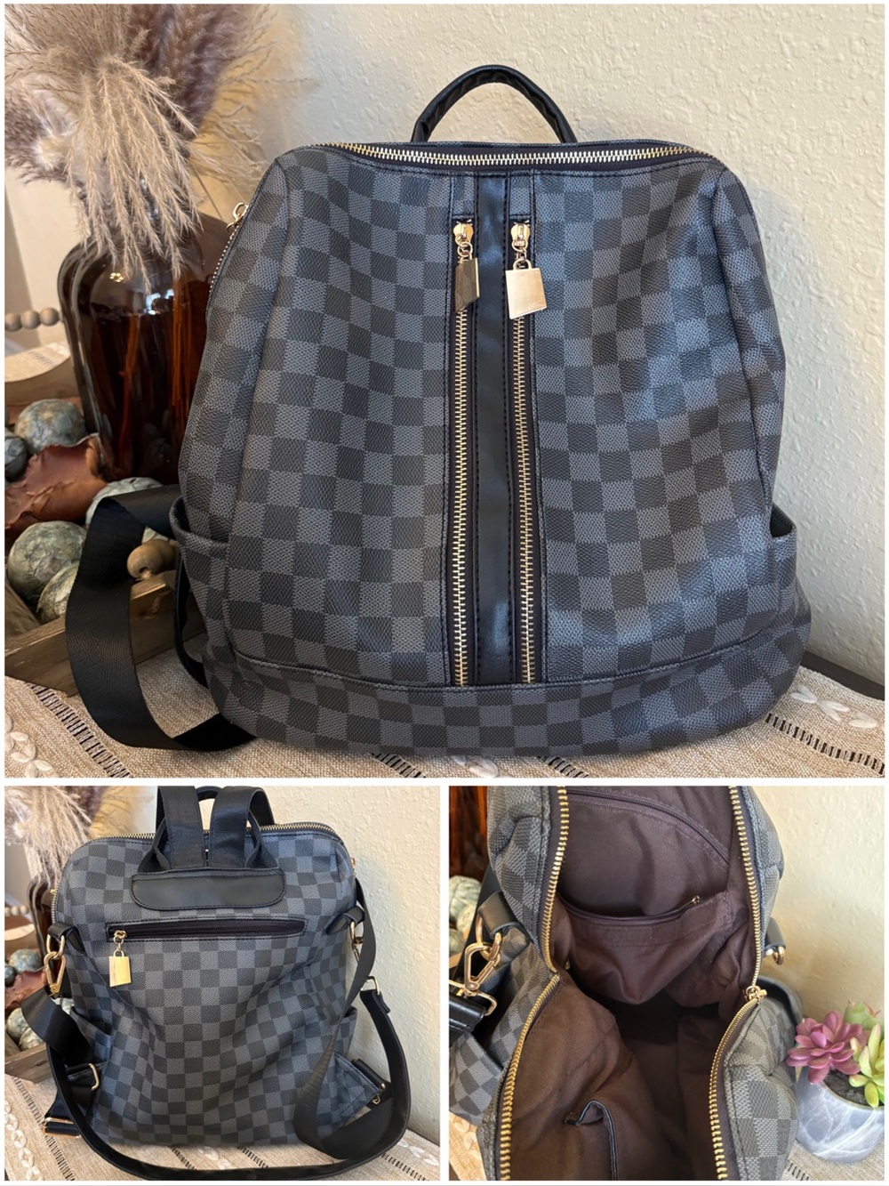 Black and grey checkered backpack purse